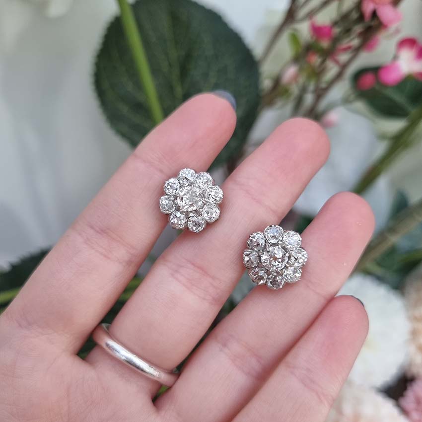 Antique French 5.20ct Old Cut Diamond Cluster Stud Earrings