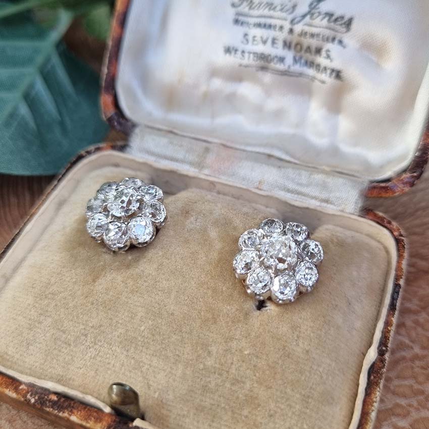 Antique French 5.20ct Old Cut Diamond Cluster Stud Earrings