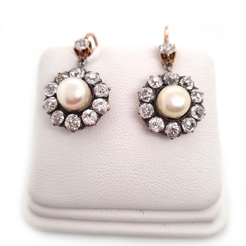 Antique Natural Pearl and 6ct Diamond Cluster Drop Earrings