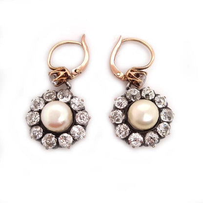 Antique Natural Pearl and 6ct Diamond Cluster Drop Earrings