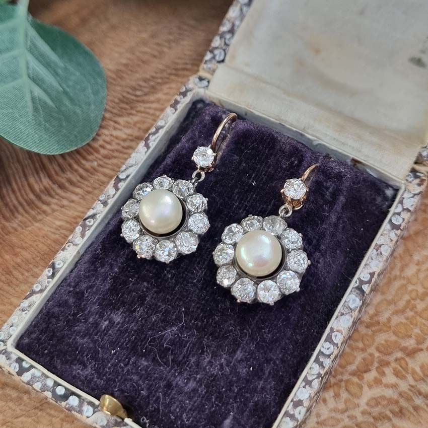 Antique Natural Pearl and 6ct Diamond Cluster Drop Earrings
