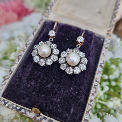 Antique Natural Pearl and 6ct Diamond Cluster Drop Earrings