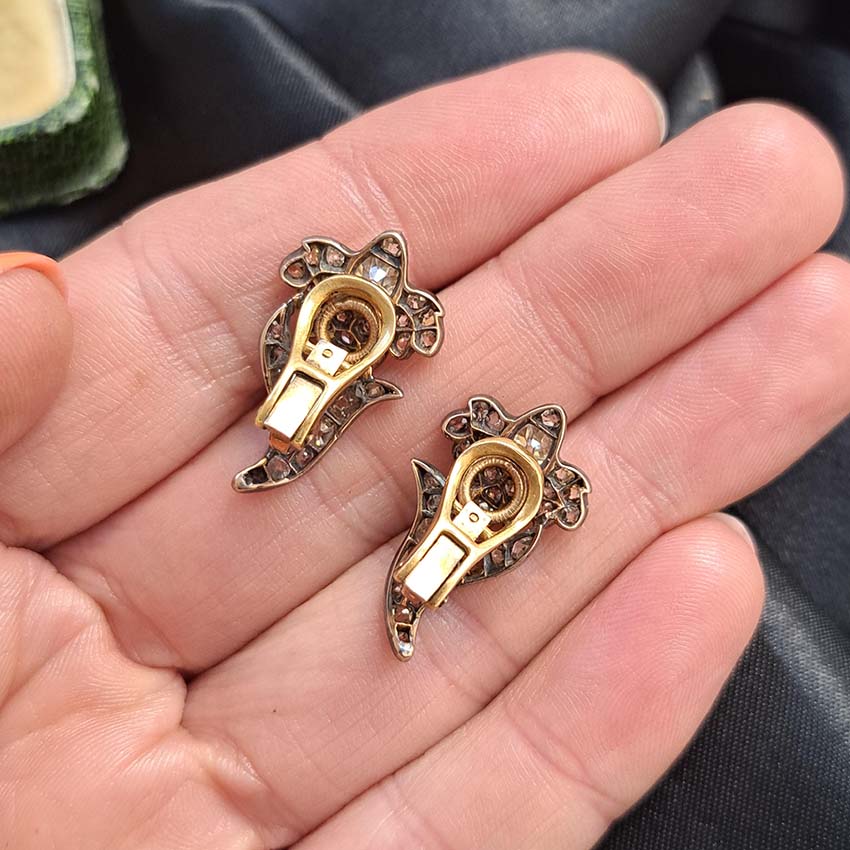 Victorian Antique 2.20ct Diamond Iris Flower Clip Earrings in Silver on Gold