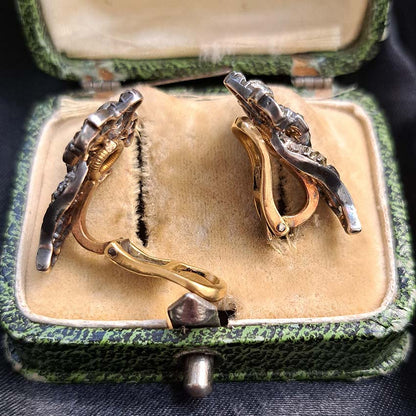 Victorian Antique 2.20ct Diamond Iris Flower Clip Earrings in Silver on Gold