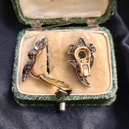 Victorian Antique 2.20ct Diamond Iris Flower Clip Earrings in Silver on Gold