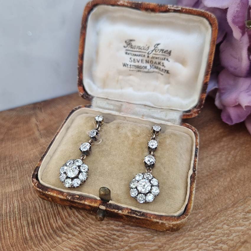 Antique 4.5ct Old Cut Diamond Cluster Drop Earrings