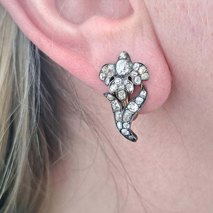 Victorian Antique 2.20ct Diamond Iris Flower Clip Earrings in Silver on Gold