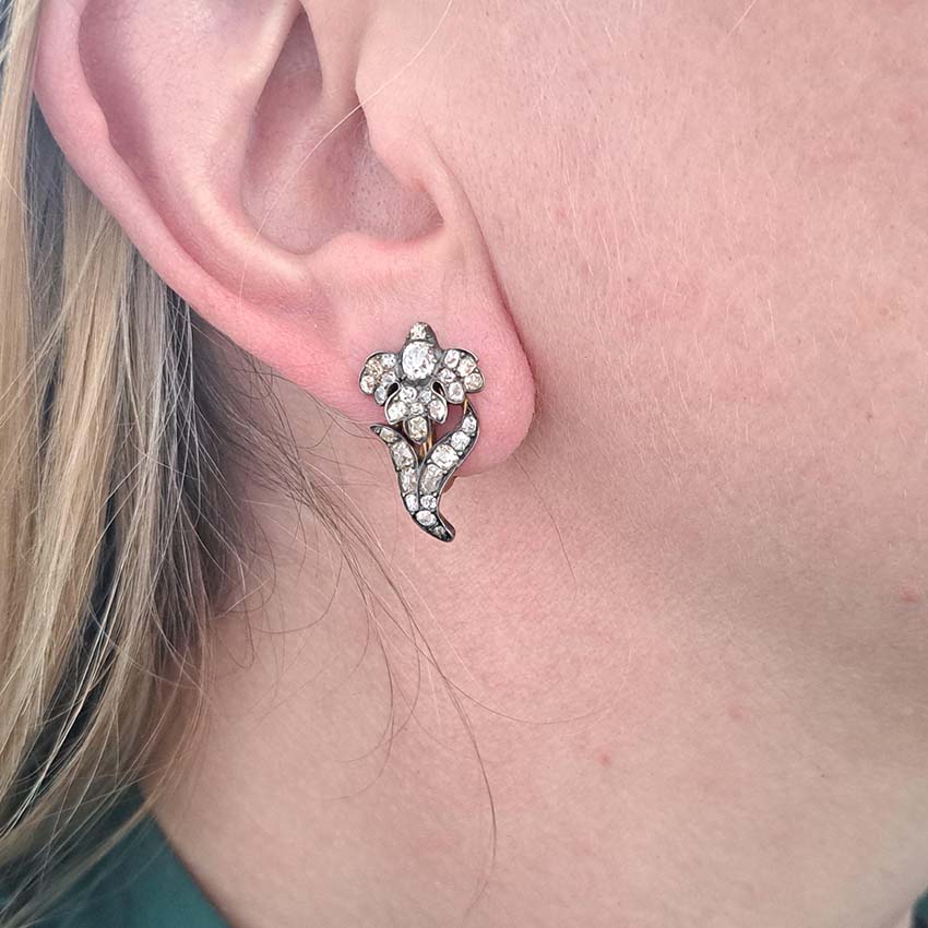 Victorian Antique 2.20ct Diamond Iris Flower Clip Earrings in Silver on Gold