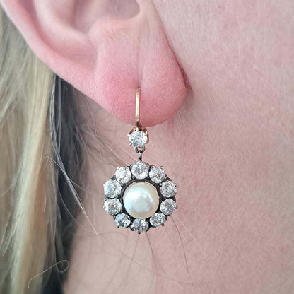 Antique Natural Pearl and 6ct Diamond Cluster Drop Earrings