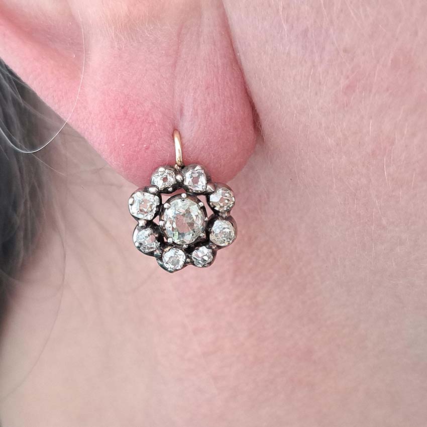 Victorian Antique 4.5ct Old Cut Diamond Cluster Drop Earrings