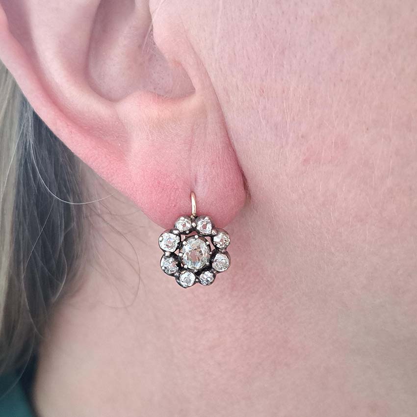 Victorian Antique 4.5ct Old Cut Diamond Cluster Drop Earrings