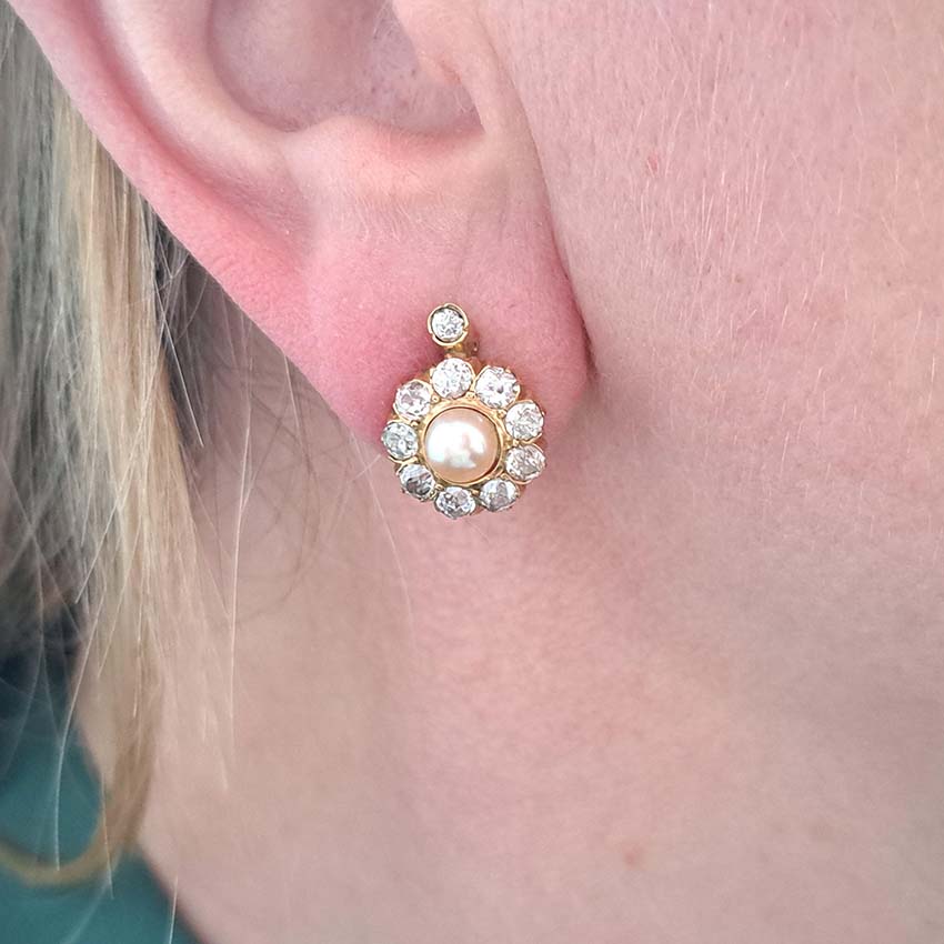 Natural Pearl and Diamond Cluster Earrings