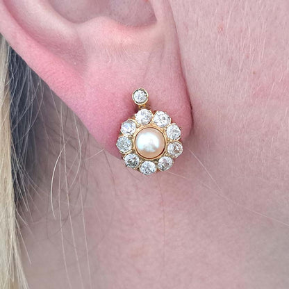 Natural Pearl and Diamond Cluster Earrings