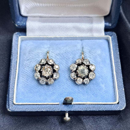 Victorian Antique 4.5ct Old Cut Diamond Cluster Drop Earrings