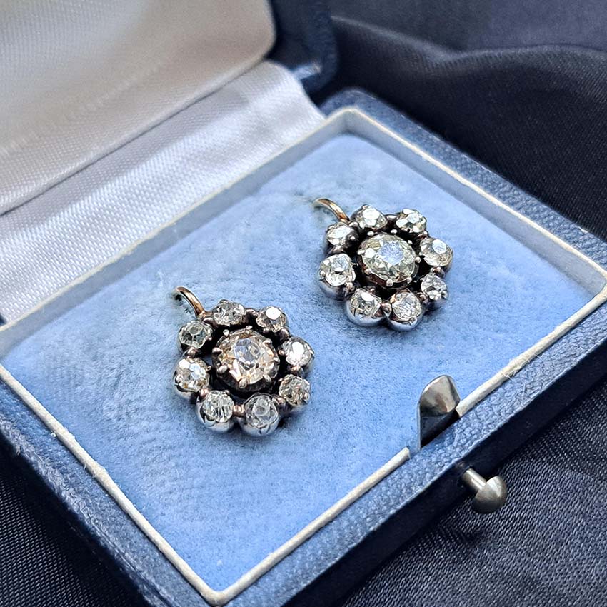 Victorian Antique 4.5ct Old Cut Diamond Cluster Drop Earrings
