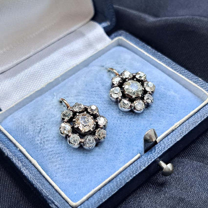Victorian Antique 4.5ct Old Cut Diamond Cluster Drop Earrings