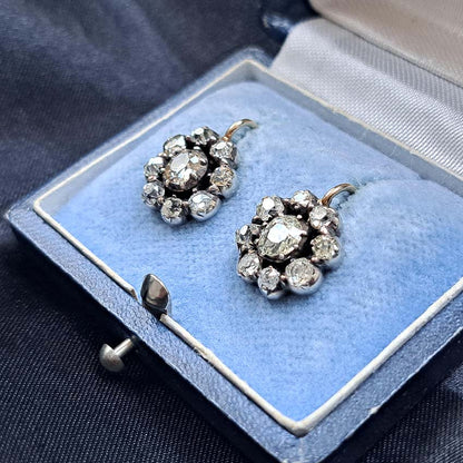 Victorian Antique 4.5ct Old Cut Diamond Cluster Drop Earrings