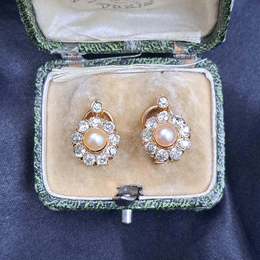 Natural Pearl and Diamond Cluster Earrings