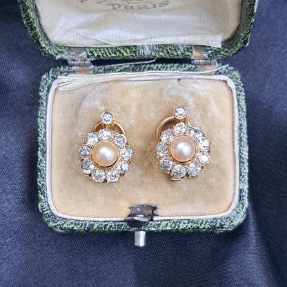 Natural Pearl and Diamond Cluster Earrings