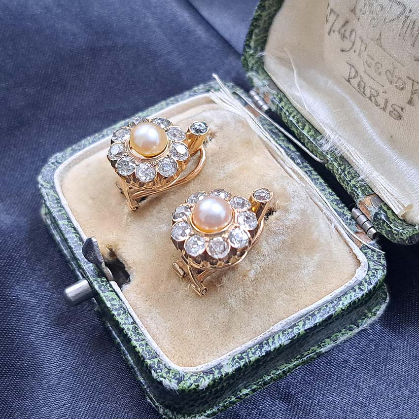 Natural Pearl and Diamond Cluster Earrings