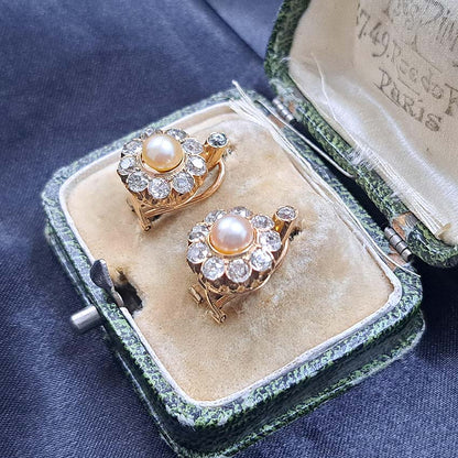 Natural Pearl and Diamond Cluster Earrings