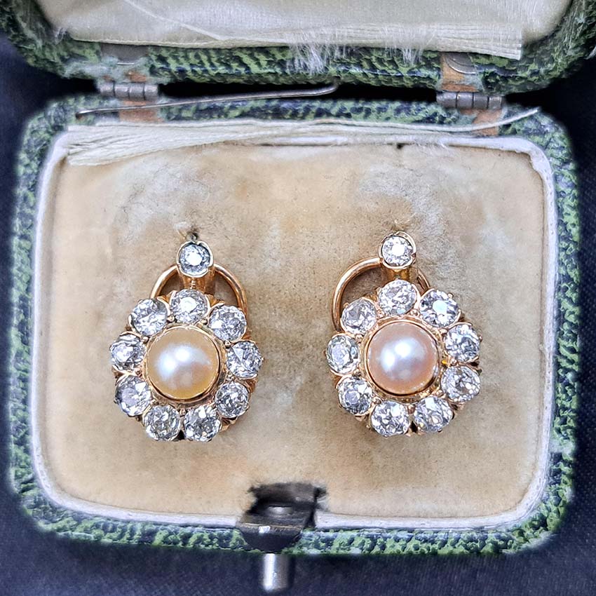 Natural Pearl and Diamond Cluster Earrings