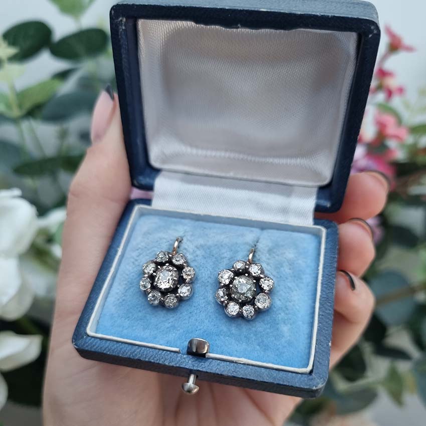 Victorian Antique 4.5ct Old Cut Diamond Cluster Drop Earrings