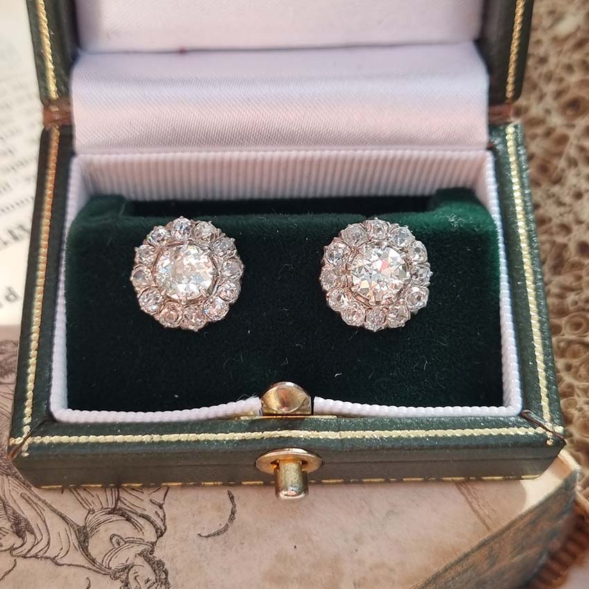Victorian Antique 2.90ct Old Cut Diamond Cluster Stud Earrings