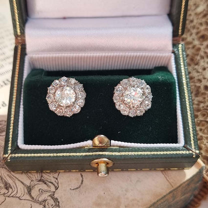 Victorian Antique 2.90ct Old Cut Diamond Cluster Stud Earrings