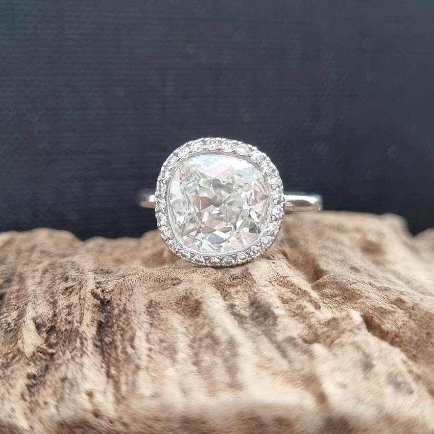Vintage 3ct Old Mine Cushion Cut Diamond Cluster Engagement Ring