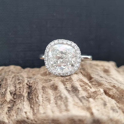 Vintage 3ct Old Mine Cushion Cut Diamond Cluster Engagement Ring