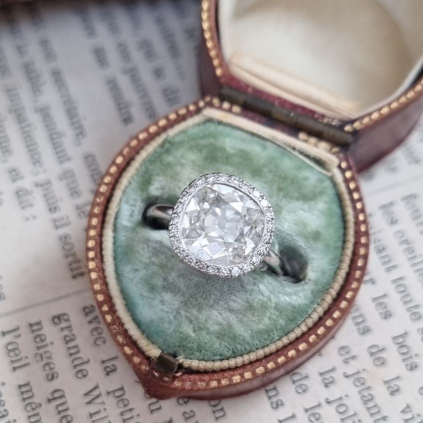 Vintage 3ct Old Mine Cushion Cut Diamond Cluster Engagement Ring