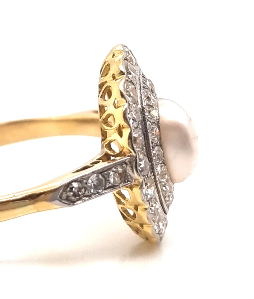 Antique Belle Epoque Natural Pearl and Diamond Cluster Ring