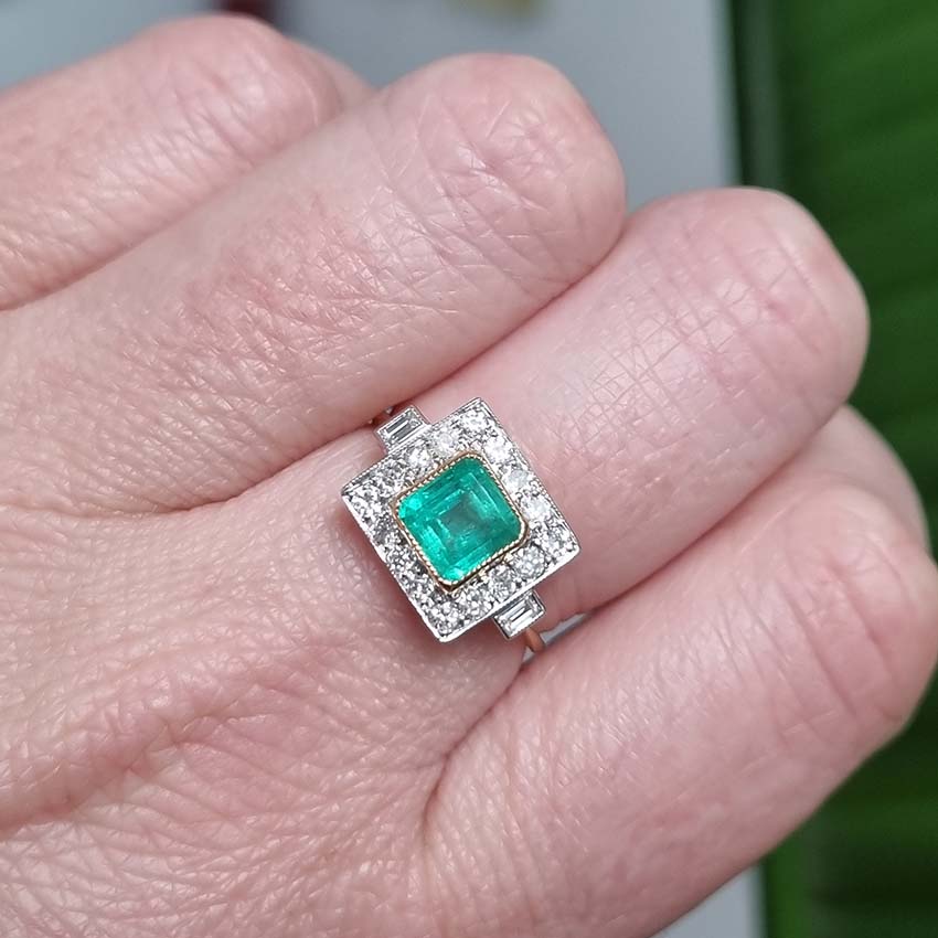 1.20ct Square Emerald and Diamond Cluster Engagement Ring
