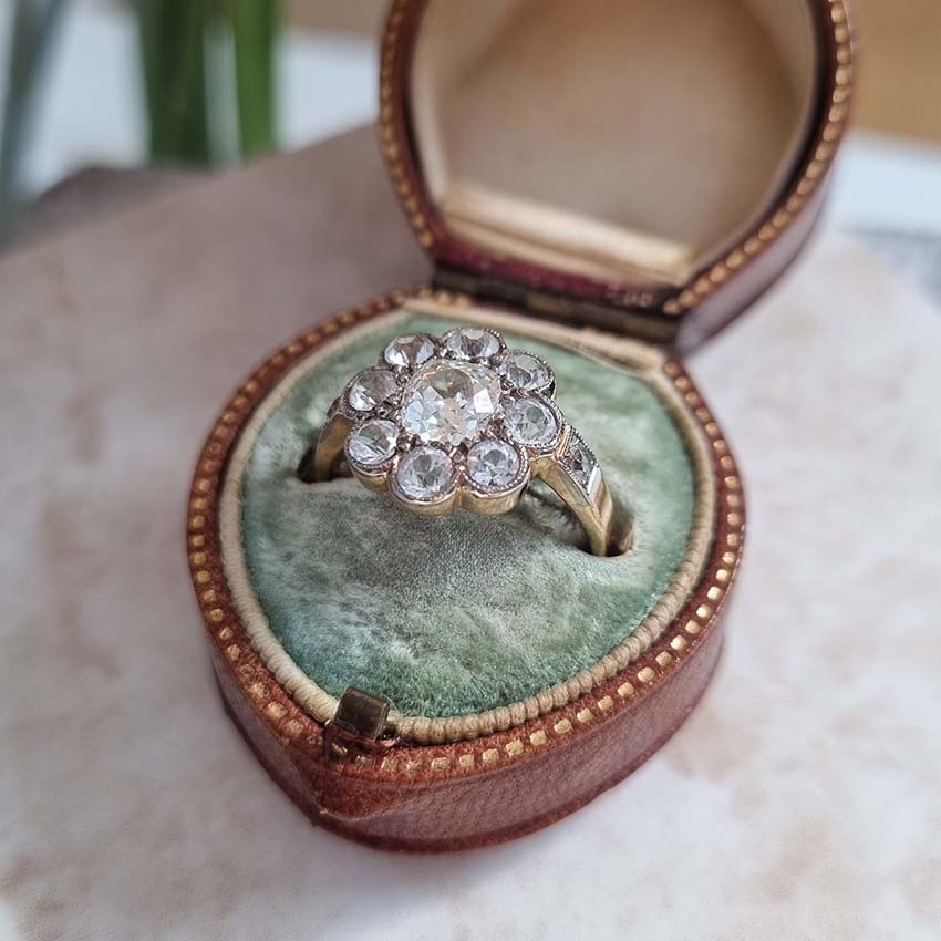 Old Cut Diamond and White Sapphire Floral Cluster Ring