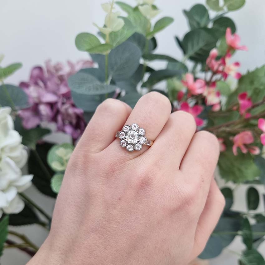 Old Cut Diamond and White Sapphire Floral Cluster Ring