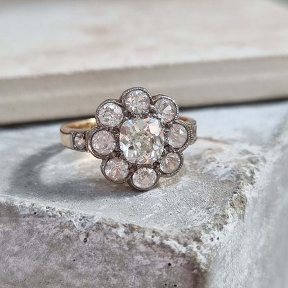 Old Cut Diamond and White Sapphire Floral Cluster Ring
