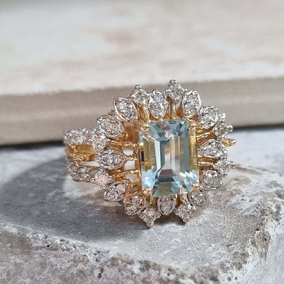 Aquamarine and Diamond Cluster Ring in 21ct Yellow Gold