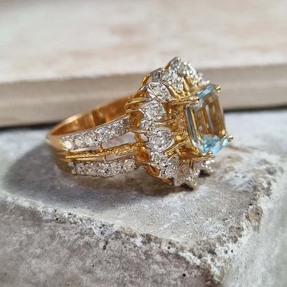 Aquamarine and Diamond Cluster Ring in 21ct Yellow Gold