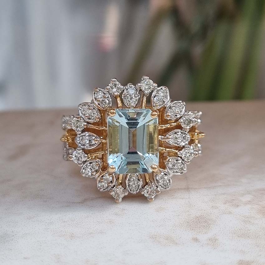 Aquamarine and Diamond Cluster Ring in 21ct Yellow Gold
