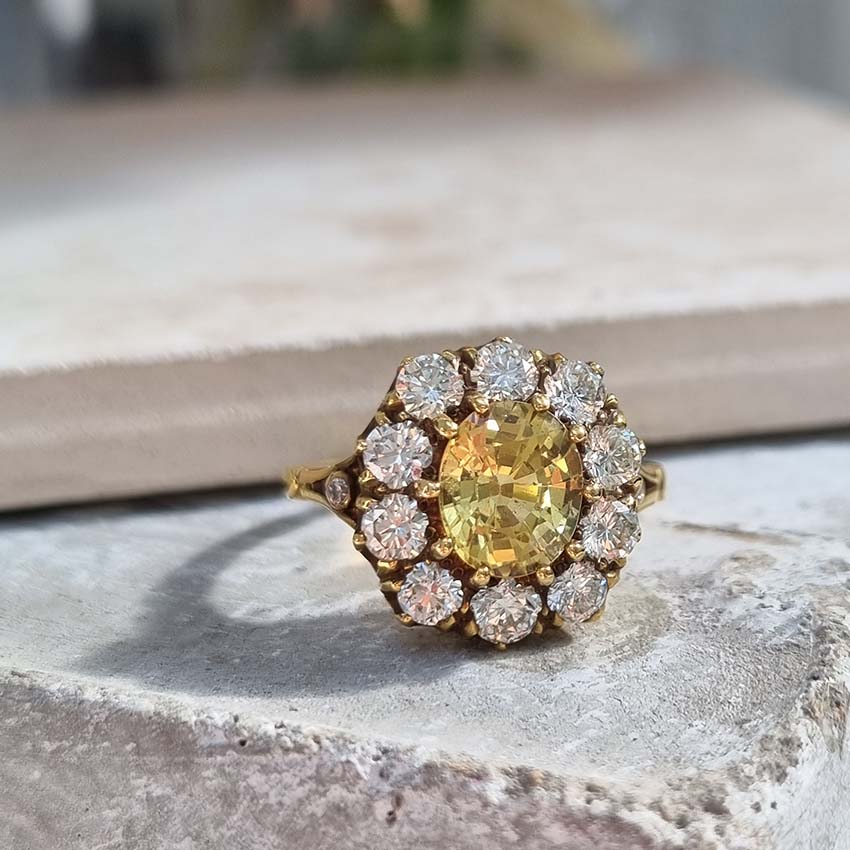 Antique Style 2.2ct Yellow Sapphire and Diamond Crown Cluster Ring