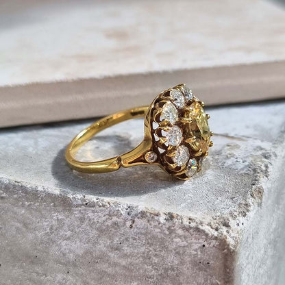 Antique Style 2.2ct Yellow Sapphire and Diamond Crown Cluster Ring