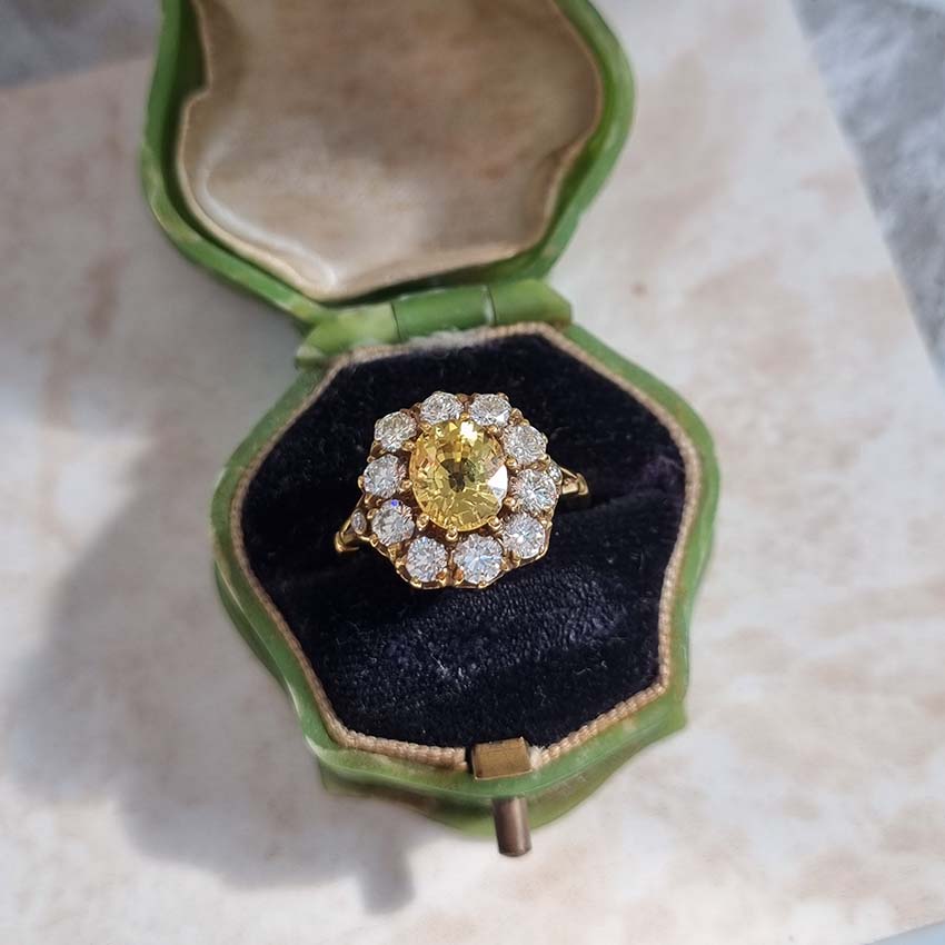 Antique Style 2.2ct Yellow Sapphire and Diamond Crown Cluster Ring