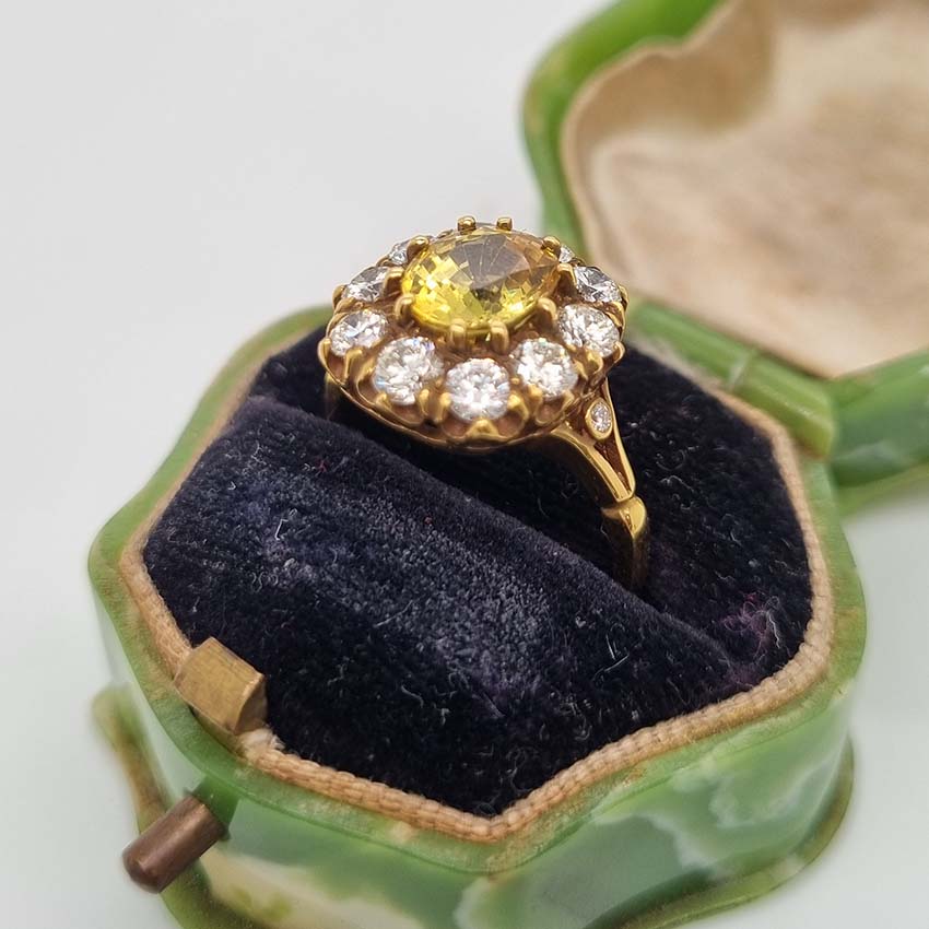 Antique Style 2.2ct Yellow Sapphire and Diamond Crown Cluster Ring