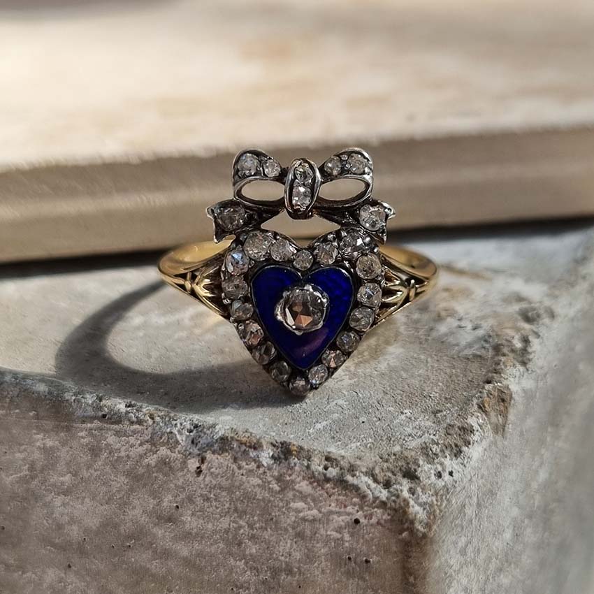 Victorian Blue Enamel and Diamond Heart Ring