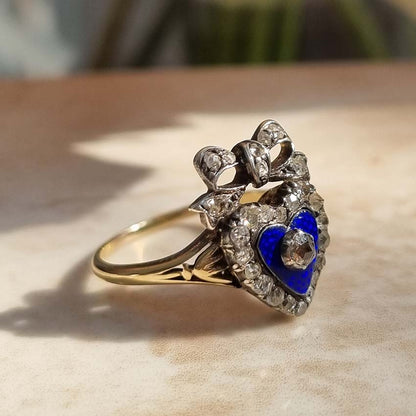 Victorian Blue Enamel and Diamond Heart Ring