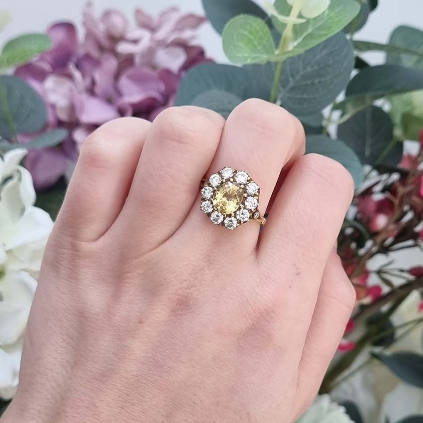 Antique Style 2.2ct Yellow Sapphire and Diamond Crown Cluster Ring