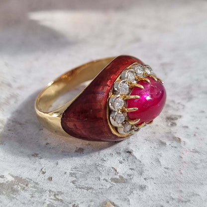 Vintage 1960s Cabochon Cut No Heat Burma Ruby Diamond and Red Enamel Ring