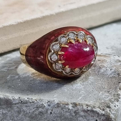 Vintage 1960s Cabochon Cut No Heat Burma Ruby Diamond and Red Enamel Ring