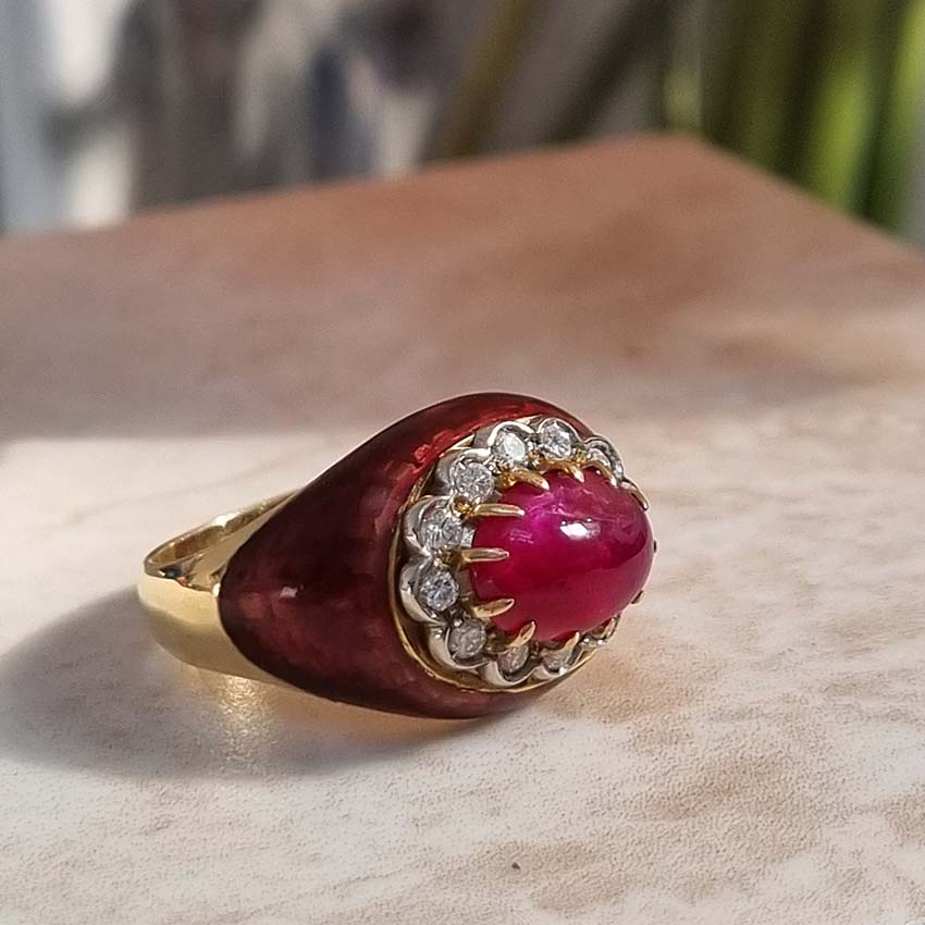 Vintage 1960s Cabochon Cut No Heat Burma Ruby Diamond and Red Enamel Ring
